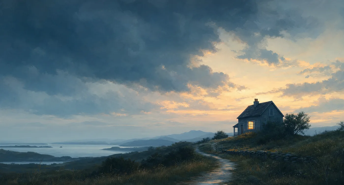 Painterly artwork of a small lit window glowing warmly at dusk as storm clouds clear overhead, symbolizing being ready to welcome someone in.