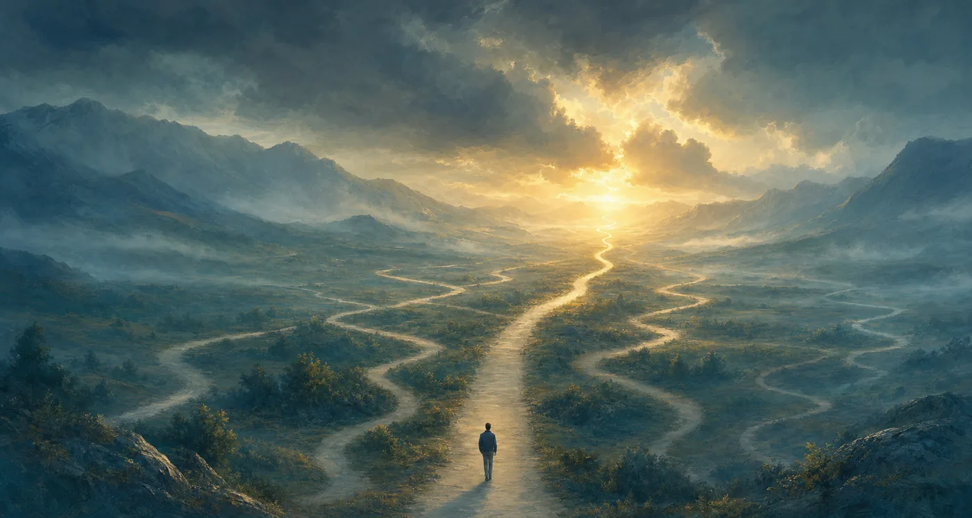 Painterly artwork of many winding paths converging into one, leading toward warm light breaking through storm clouds, symbolizing coordinated care across many providers.